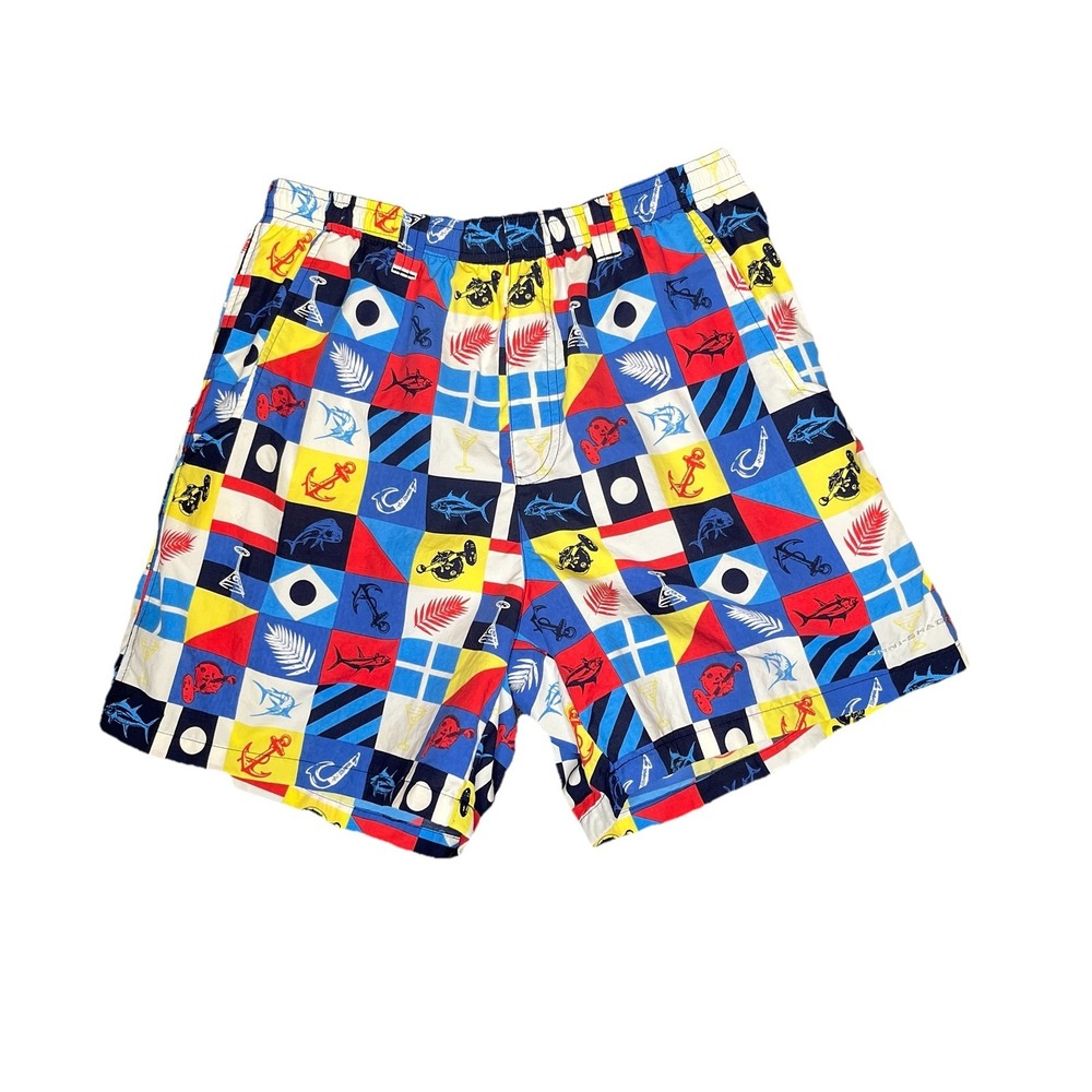 Columbia PFG Shorts Mens Medium Multicolor Nautical Flag Maritime Fishing Beach
